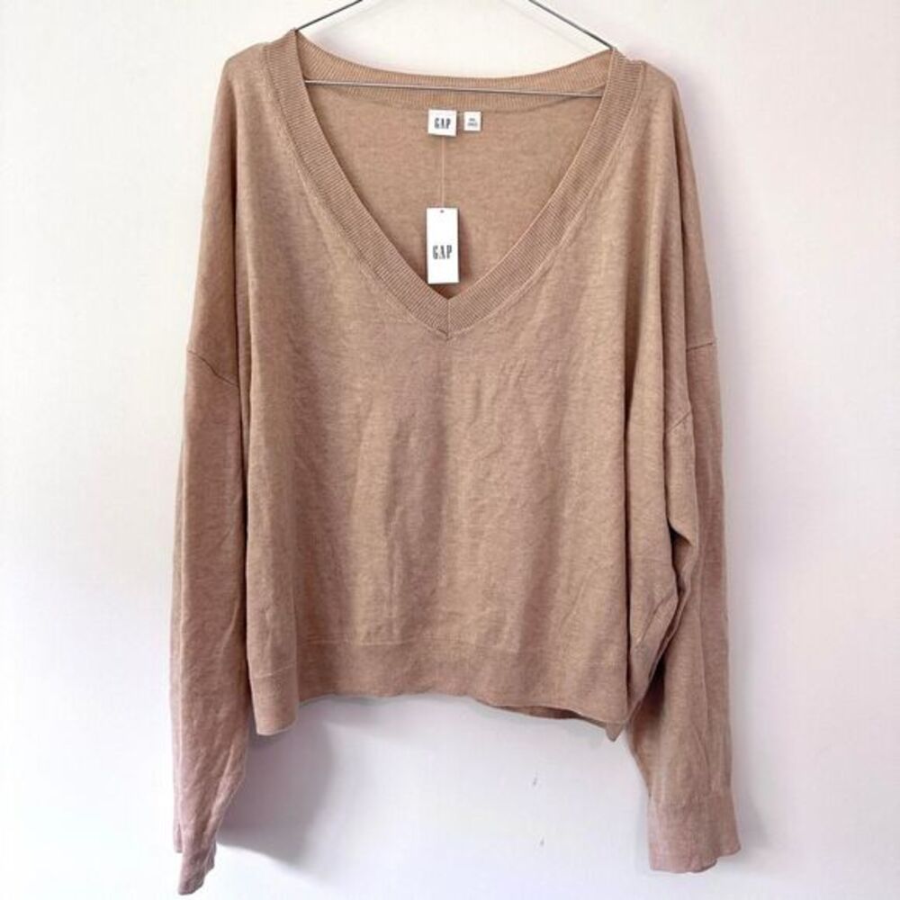 NWT GAP XXL Heather Oat Deep V Neck Oversized Layering Knit Sweater